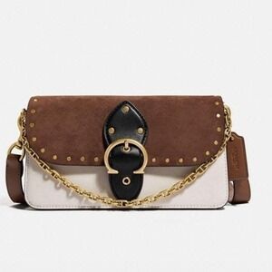 Coach Beat Shoulder Bag 18 Colorblock Suede Leather Brown White Black C0749